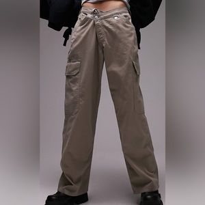 Topshop Crossover Waist Wide Leg Cotton Cargo Pants NWT khaki light brown sz 8